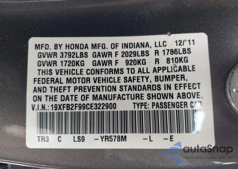 2012 Honda Civic Ex-L from USA, damaged, VIN 19XFB2F99CE322900